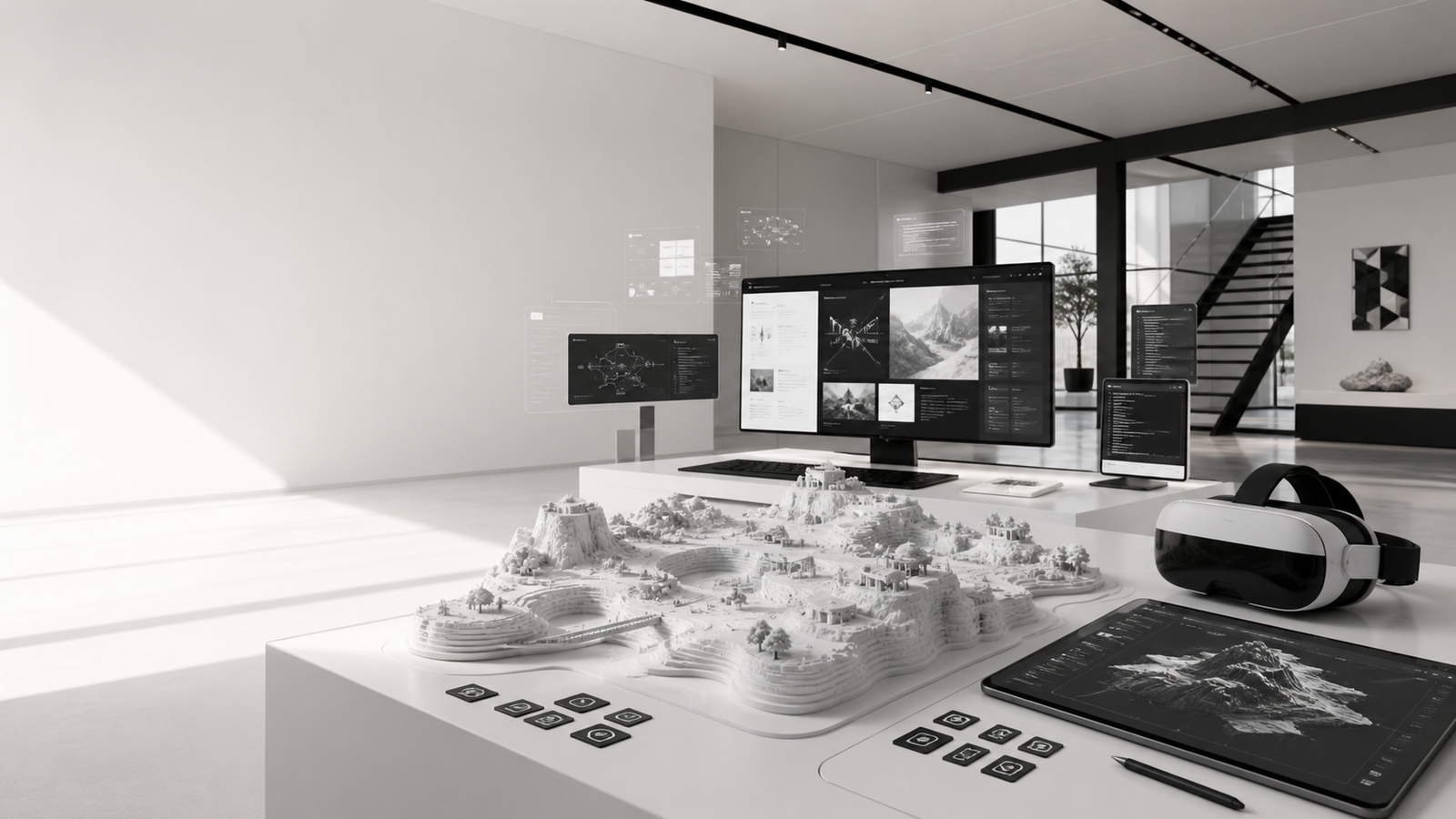 Studio numérique avec interfaces, casque VR et maquette d’un univers de jeu